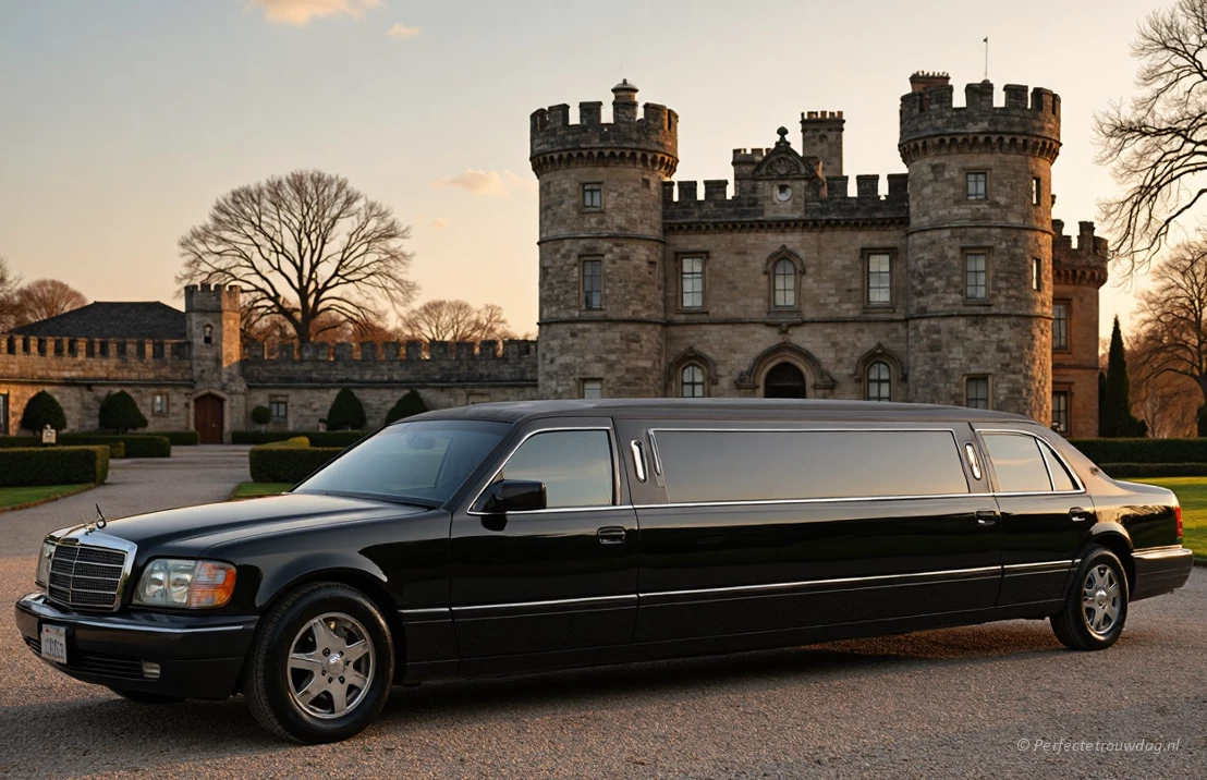 Een zwarte limousine geparkeerd voor een historisch kasteel, zacht avondlicht.
