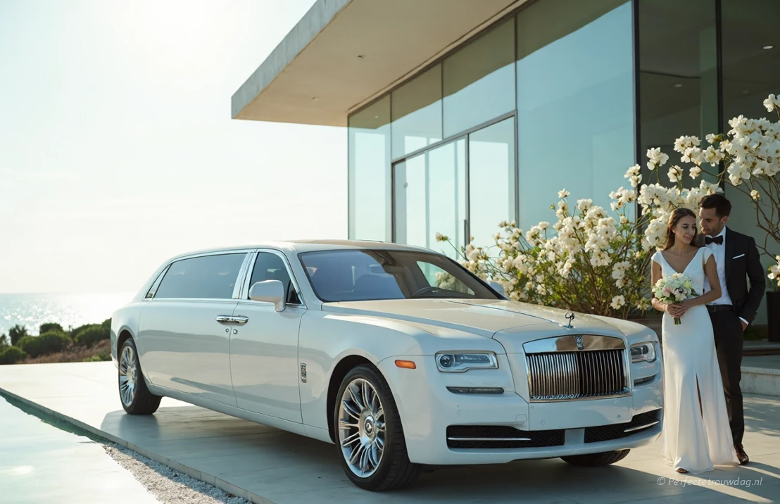 Een limousine op een moderne bruiloft met een strak gebouw op de achtergrond bij de bruid en bruidegom