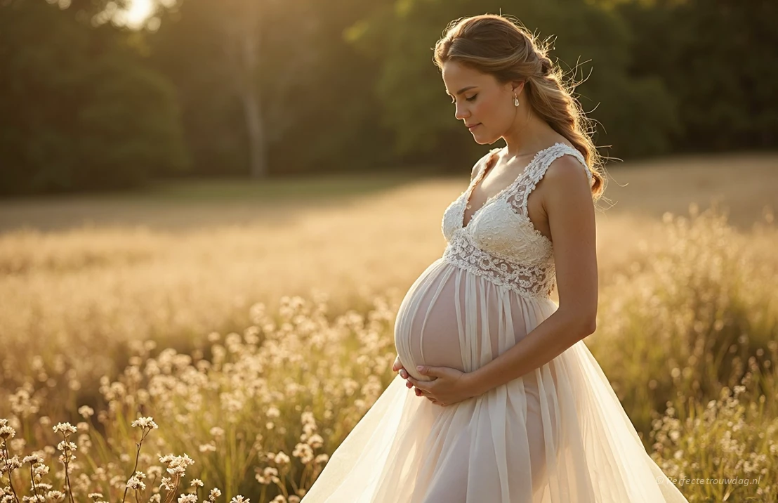 Een zwangere bruid staat in een zonnige weide, gekleed in een vloeiende, ivoorkleurige trouwjurk met een empire taille en delicate kantdetails.