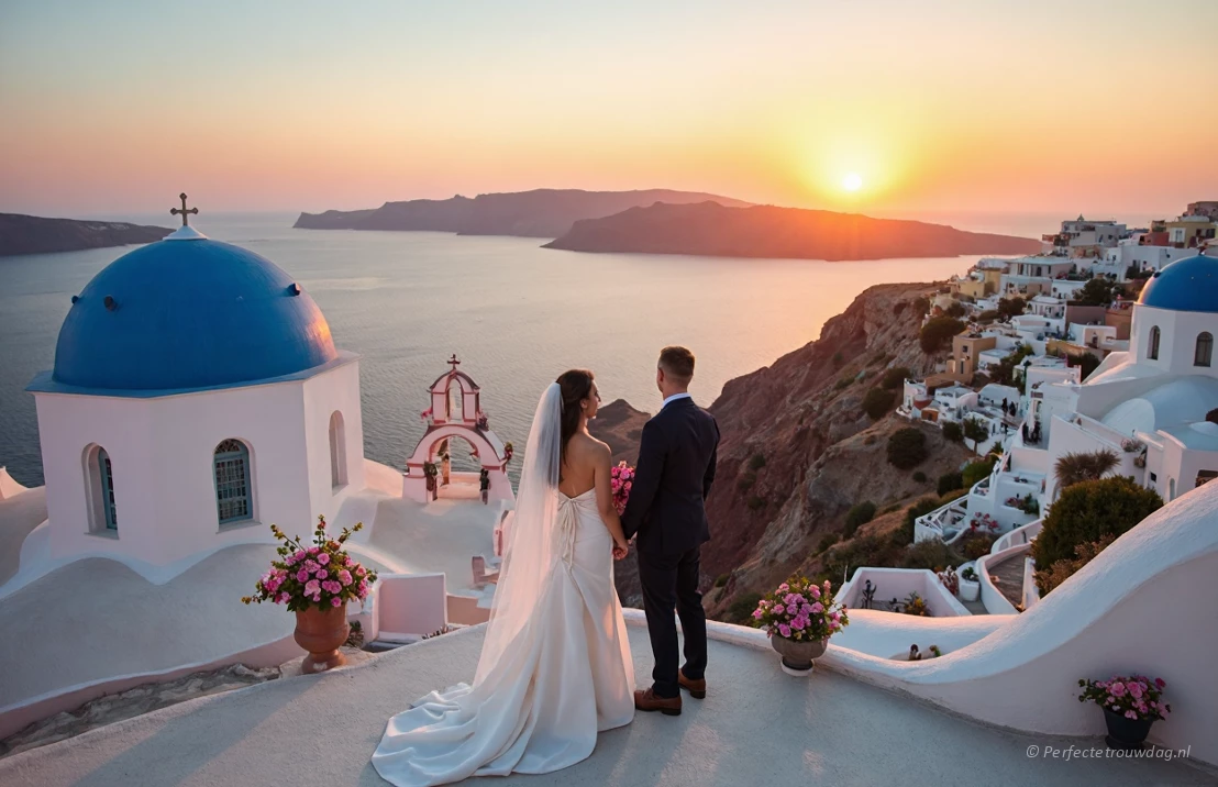 Een elegante bruiloftsceremonie met uitzicht op de Egeïsche Zee in Santorini, Griekenland.