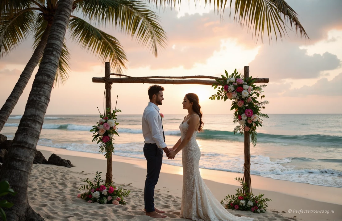 Een romantische setting voor een huwelijksvoltrekking in het buitenland op het strand