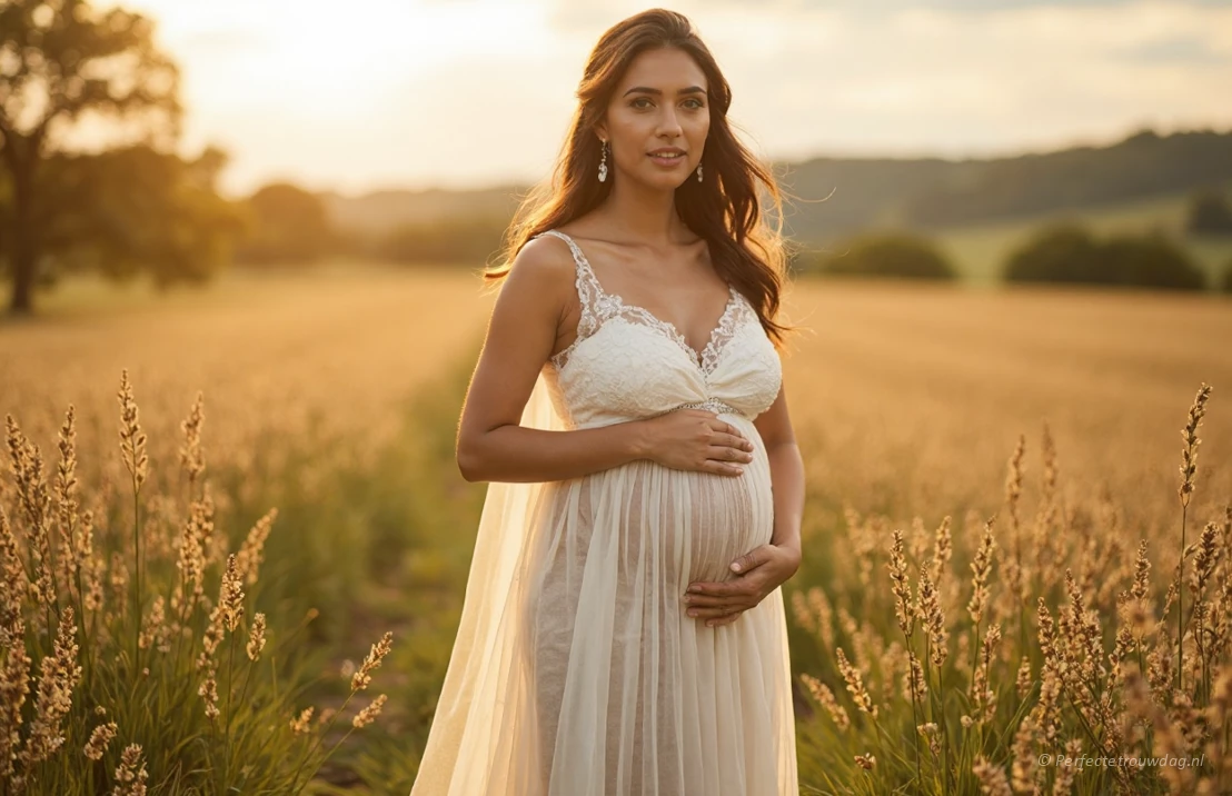 Een zwangere bruid staat in een zonnige weide, gekleed in een vloeiende, ivoorkleurige trouwjurk met een empire taille en delicate kantdetails.