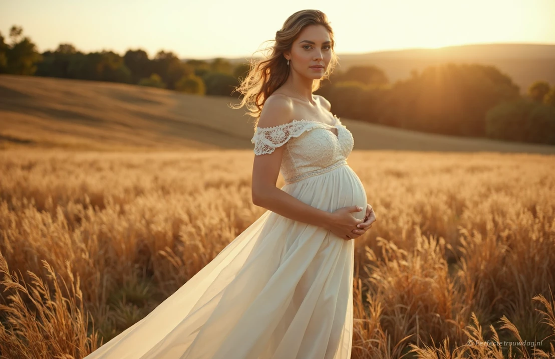 Een zwangere bruid staat in een zonnige weide, gekleed in een vloeiende, ivoorkleurige trouwjurk met een empire taille en delicate kantdetails.