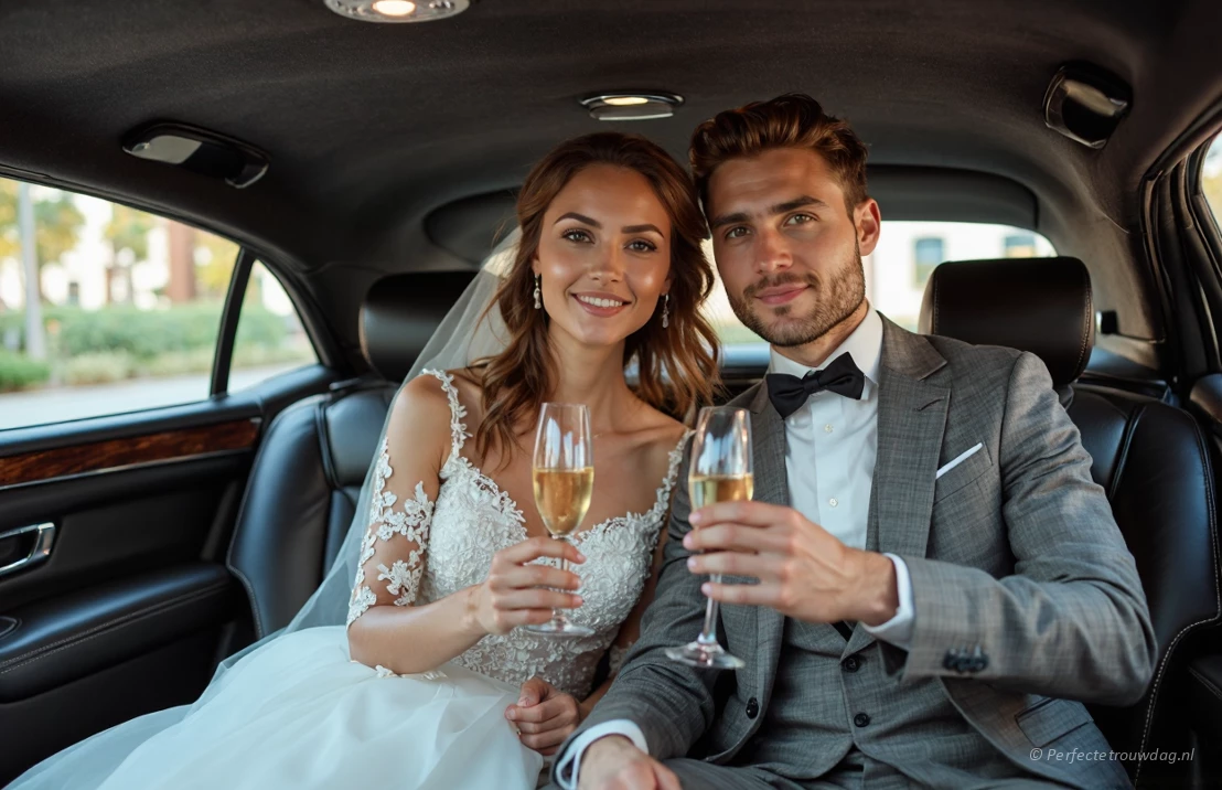 Het luxueuze interieur van een limousine met een bruidspaar, champagne, zachte verlichting.