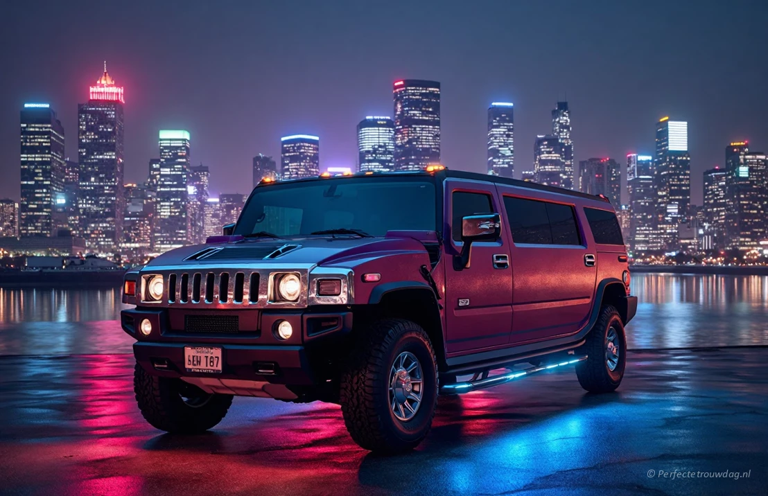 Een opvallende hummer limousine voor een stadsgezicht, levendige kleuren, neonlichten.
