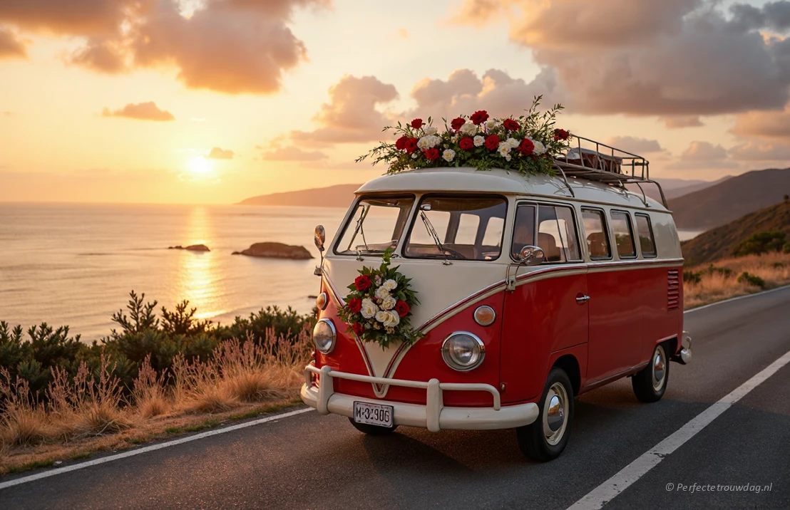 Een felrode vintage Volkswagen bus, versierd met bloemen, rijdt langs een kustweg bij zonsondergang, bohemien trouwsfeer, levendige kleuren, geringe scherptediepte.