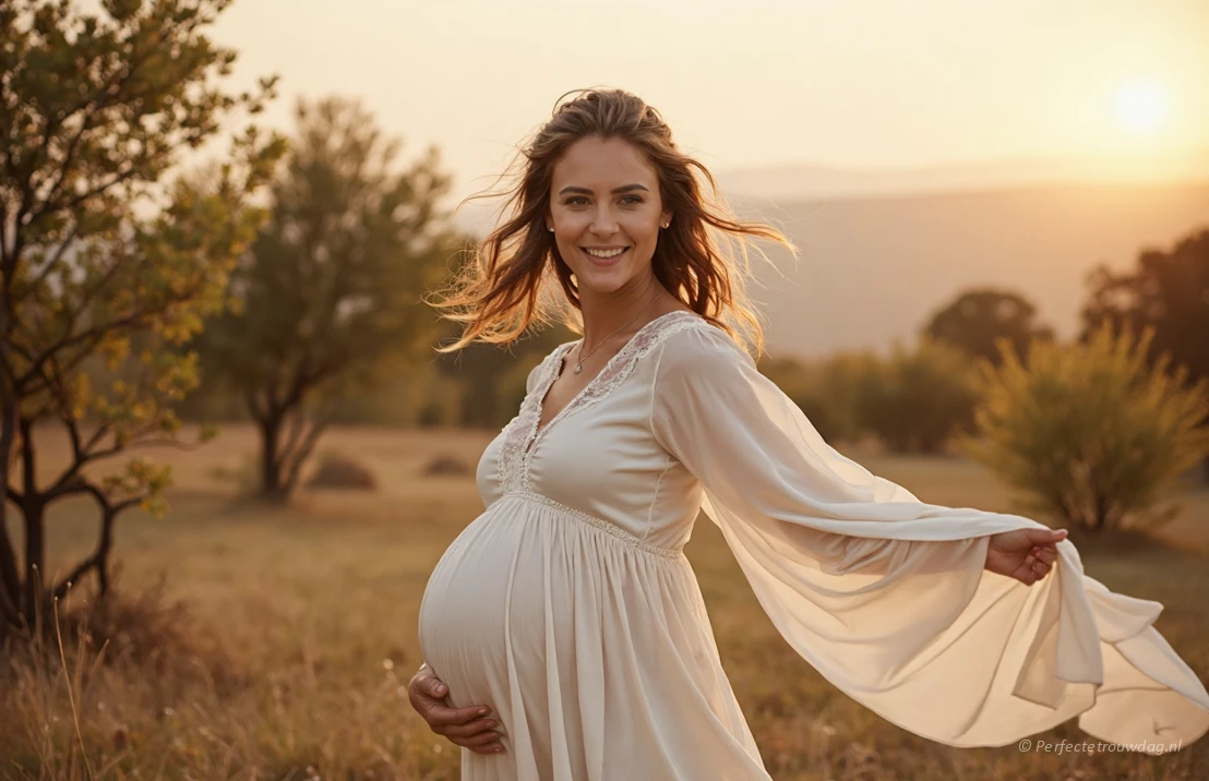 Een bohemien-stijl zwangere bruid staat buiten met een vloeiende, etherische chiffon trouwjurk, de wind waait door haar haar.