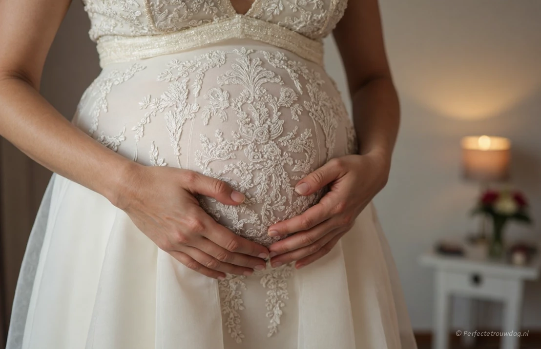 Close-up van de handen van een zwangere bruid die zachtjes op haar buik rusten, gekleed in een glinsterende A-lijn trouwjurk.