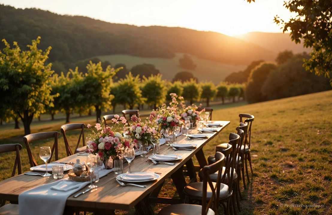Een romantische bruiloftsreceptie in een Toscaanse wijngaard, Italië.