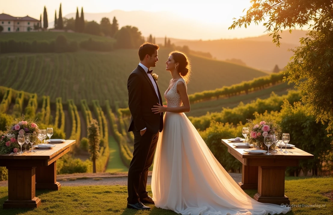 Een bruidspaar gaat in het buitenland trouwen in de heuvels van Toscane met uitzicht op de wijngaarden.