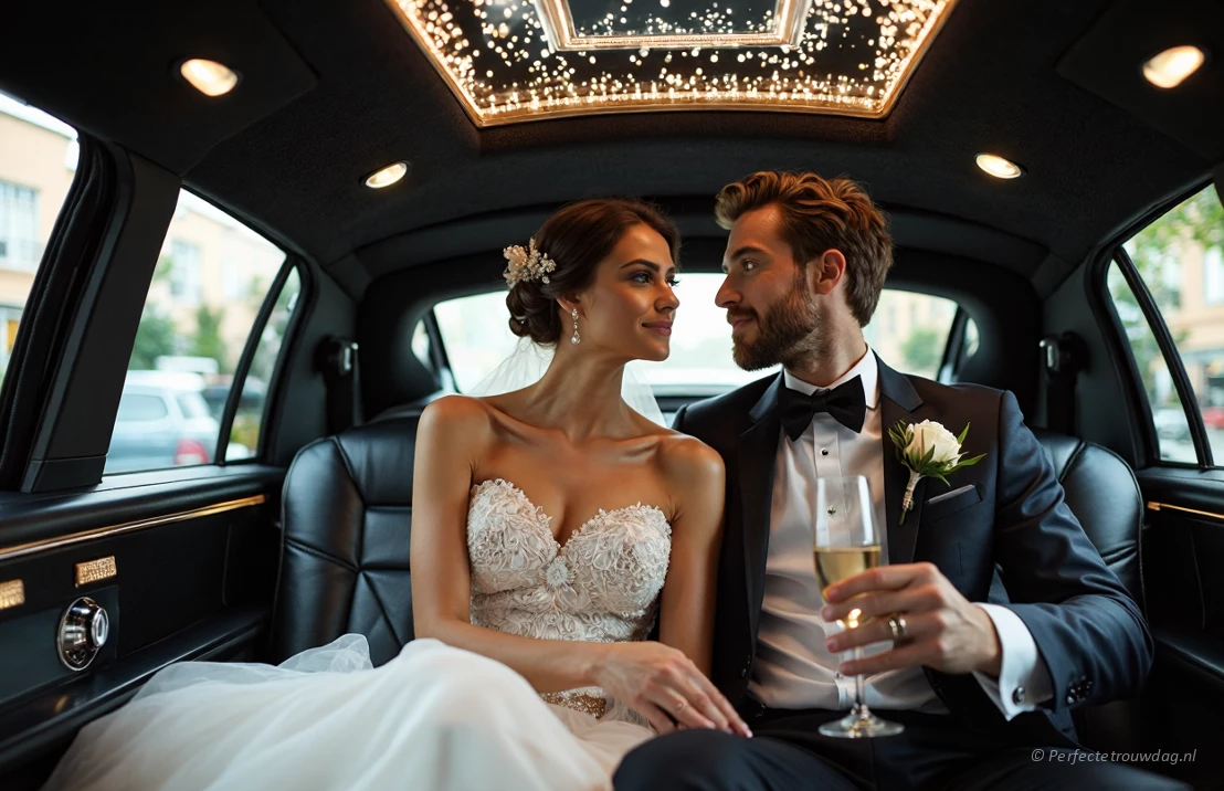 Het luxueuze interieur van een limousine met een bruidspaar, champagne, zachte verlichting.