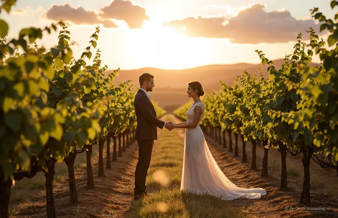 Een zonnig wijngaard in Toscane bij het gouden uur, een koppel dat trouwbeloften uitspreekt tussen rijen wijnstokken. Zacht, gediffuseerd licht, realistische fotografie.