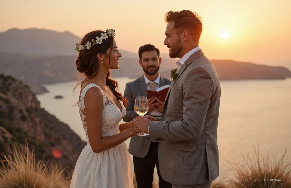 Een koppel dat trouwbeloften uitspreekt op een klif met uitzicht op de Egeïsche Zee bij zonsondergang, met het symbolisch breken van een glas ('tsougrisma') op de voorgrond, realistische fotografie, warme tinten.