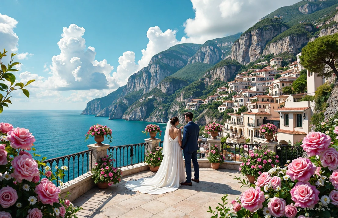 Een romantische trouwceremonie die plaatsvindt op een terras met uitzicht op de Amalfikust. Dramatische kliffen, turquoise zee, levendige bloemen, gedetailleerde realistische schildering.