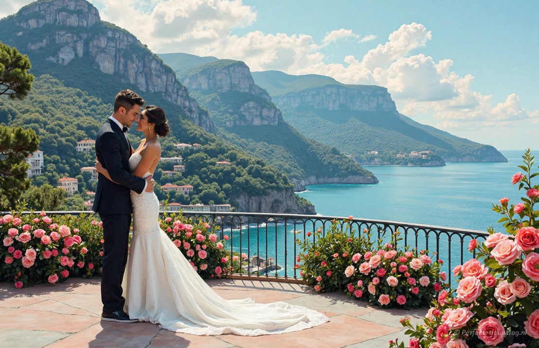 Een romantische trouwceremonie die plaatsvindt op een terras met uitzicht op de Amalfikust. Dramatische kliffen, turquoise zee, levendige bloemen, gedetailleerde realistische schildering.