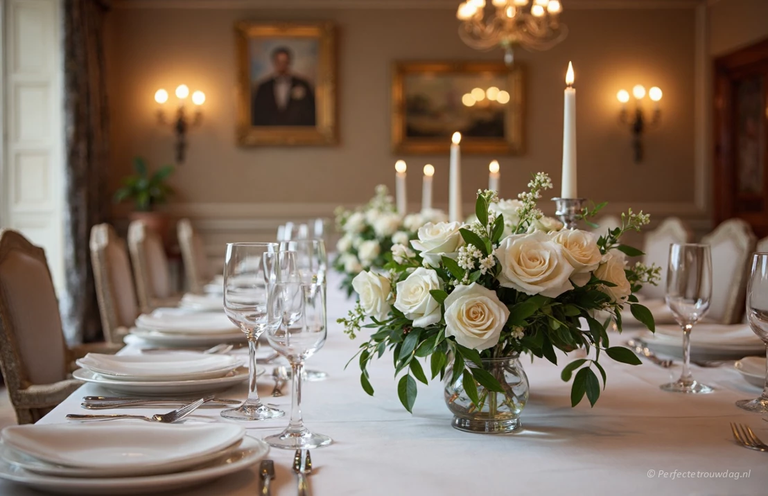 Een prachtig gedekte bruiloftstafel in een historisch Italiaans palazzo. Kristallen glazen, zilveren bestek, verse bloemen, warme verlichting, hoge details, realistische fotografie.