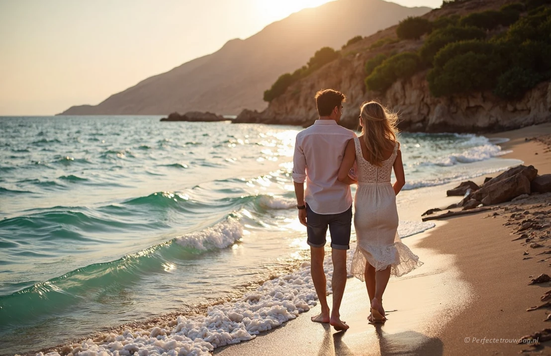 Een romantisch koppel dat tijdens het gouden uur over een afgelegen strand in Kreta wandelt. Turquoise water, zacht zand, weelderige vegetatie, intieme en cinematografische stijl, realistische fotografie.