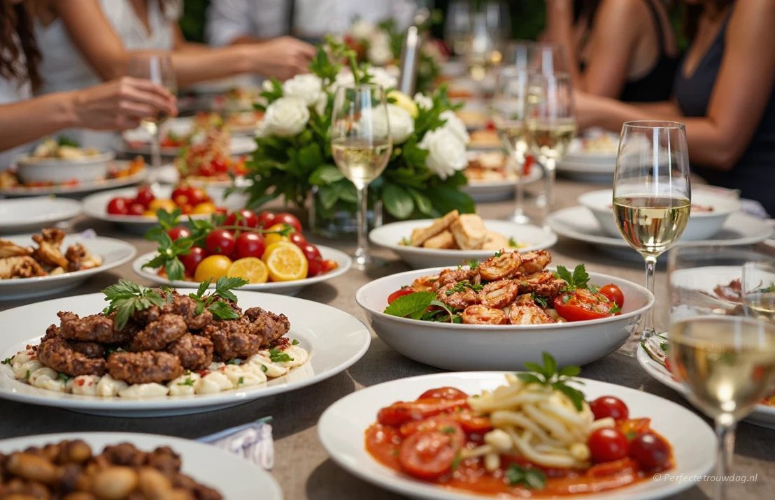 Een close-up shot van een Grieks bruiloftsmaal. Tafels vol met traditionele gerechten zoals souvlaki, moussaka en verse vis, glazen lokale wijn, levendige kleuren, realistische voedselfotografie.