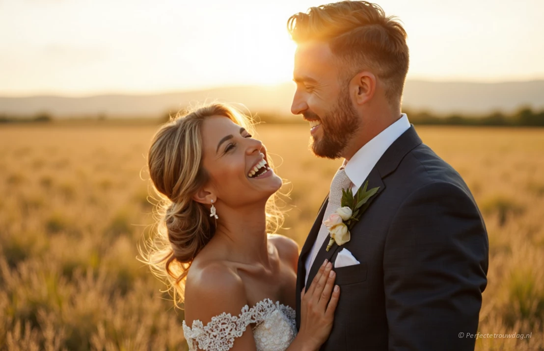 Een koppel dat lacht tijdens hun trouwfoto'sessie in een veld bij zonsondergang, warm zonlicht, natuurlijke poses, vrolijke sfeer, realistische huidtinten.