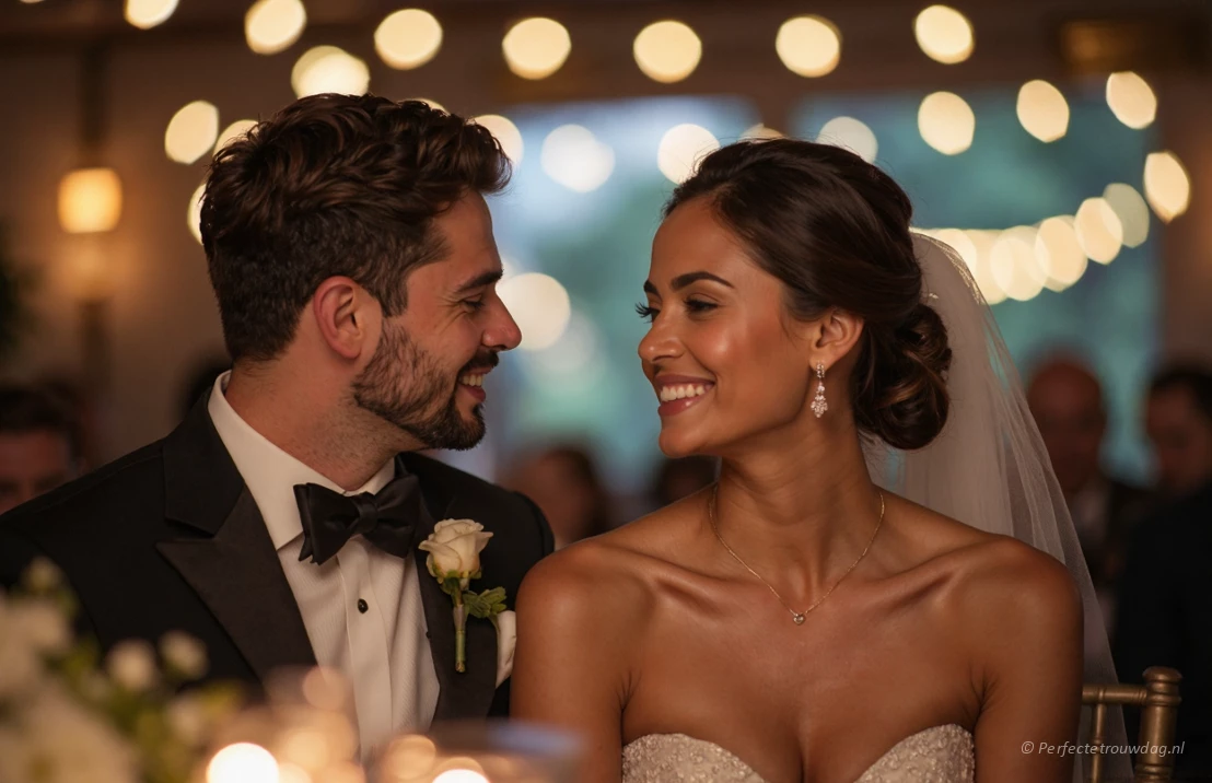 Een intieme trouwreceptie met twee vrienden die een ontroerend moment delen, wazige achtergrond, warme kleuren, filmische belichting.