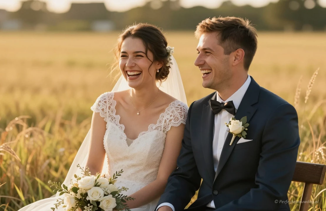 Een koppel dat lacht tijdens hun trouwfotosessie in een veld bij zonsondergang, warm zonlicht, natuurlijke poses, vrolijke sfeer, realistische huidtinten.