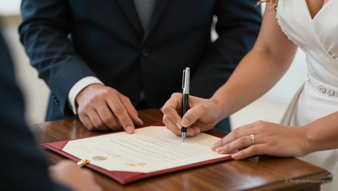 Bruidspaar en getuigen zetten handtekening op trouwakte tijdens ceremonie.