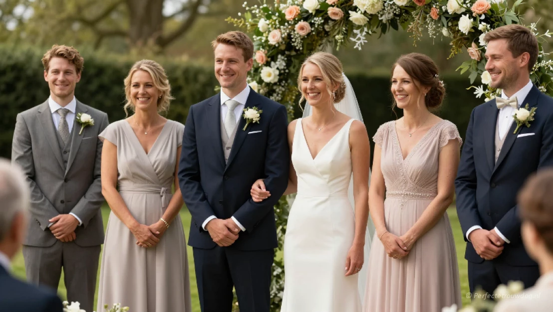 Bruidspaar staat naast de getuigen van hun bruiloft, klaar voor een fotosessie.